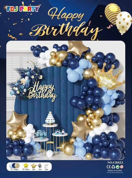 Set Bong Bóng Xanh Dương Trang Trí Sinh Nhật Và Vương Miện Vàng Lấp Lánh