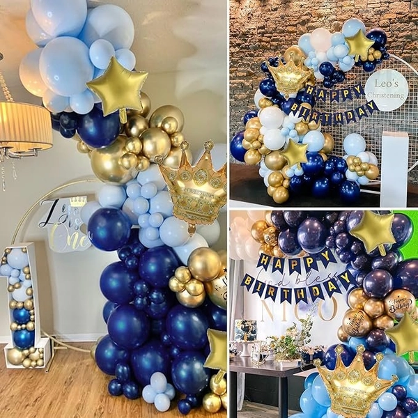 Set Bong Bóng Xanh Dương Trang Trí Sinh Nhật Và Vương Miện Vàng Lấp Lánh