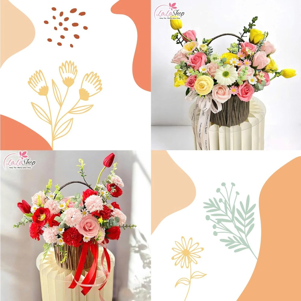 Giỏ Hoa Giả Gỗ Hoa Sáp Thơm Mix Rực Rỡ Sắc Màu Quà Tặng Ngọt Ngào