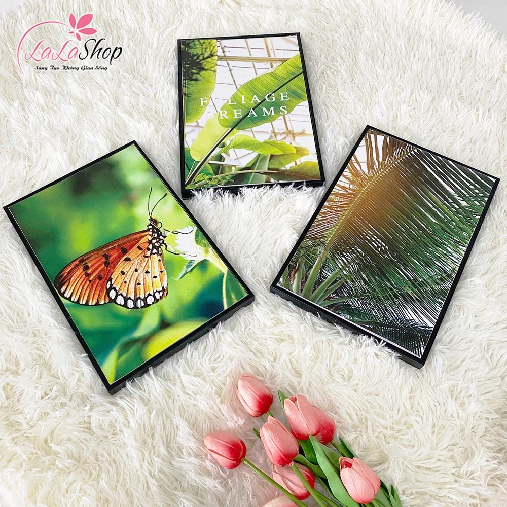 Bộ 3 Tấm Tranh Treo Tường Lá Xanh Và Bươm Bướm Nghệ Thuật