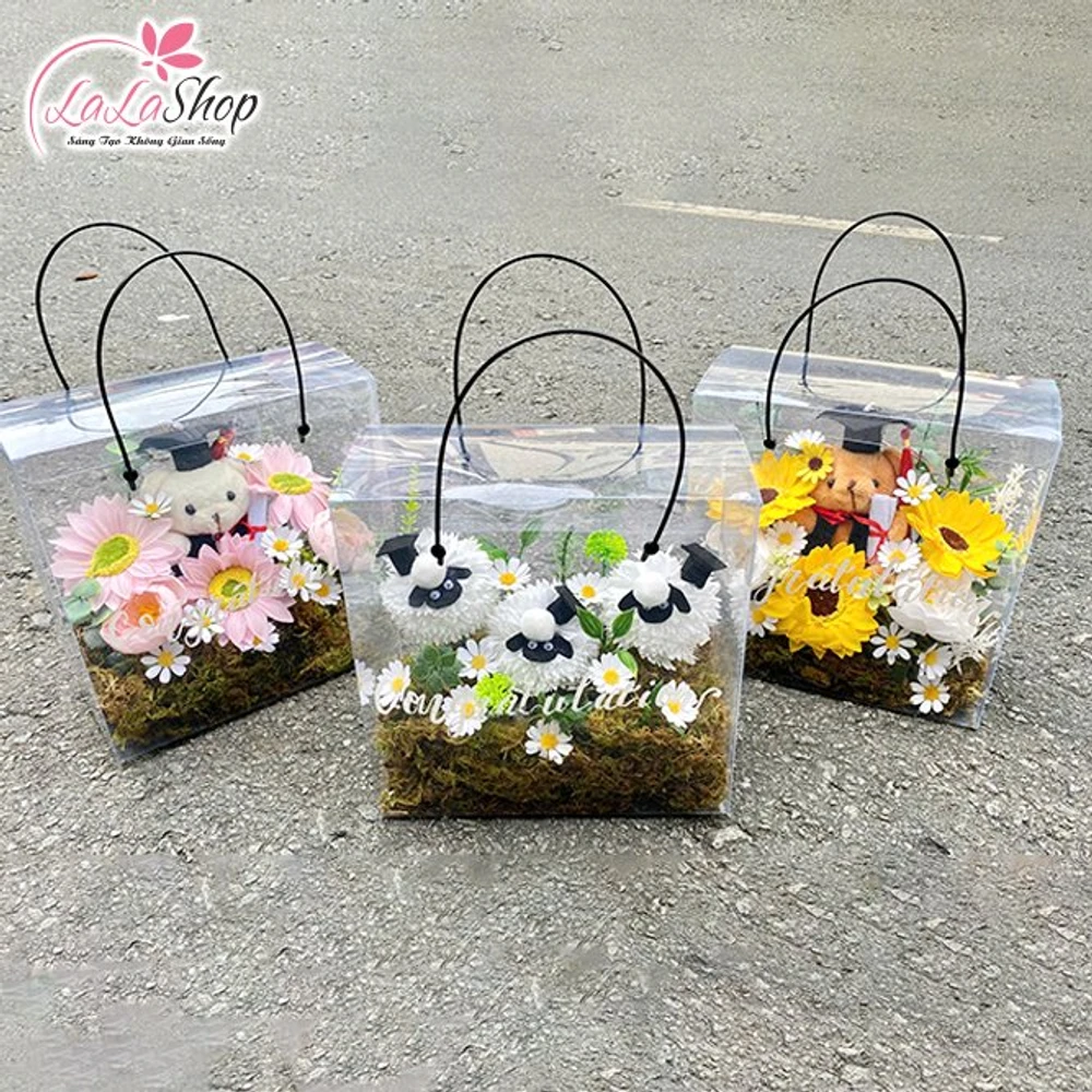 Hộp Mica hoa hướng dương mix hoa sáp thơm xinh xắn đa dạng