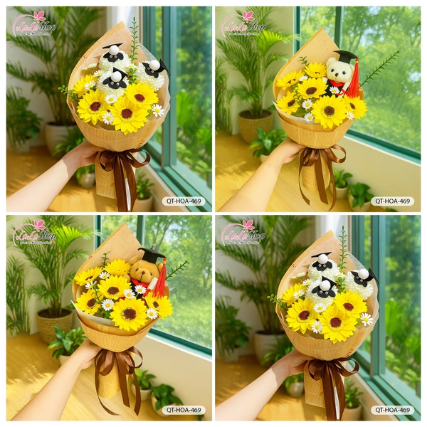 Bó hoa tốt nghiệp với Gấu, Cừu Bông xinh xắn mix cúc trắng mini