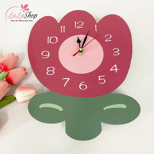 Đồng Hồ Gỗ Treo Tường Hình Hoa Tullip Hồng