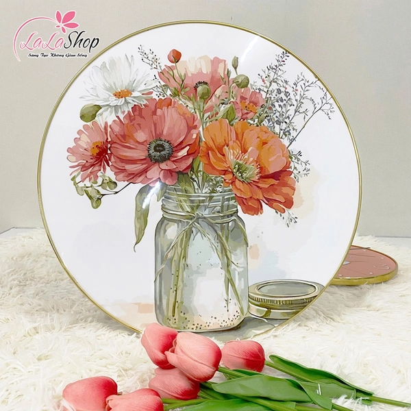 Tranh Đồng Hồ Treo Tường UV Pha Lê Bóng Bình Hoa Đồng Tiền