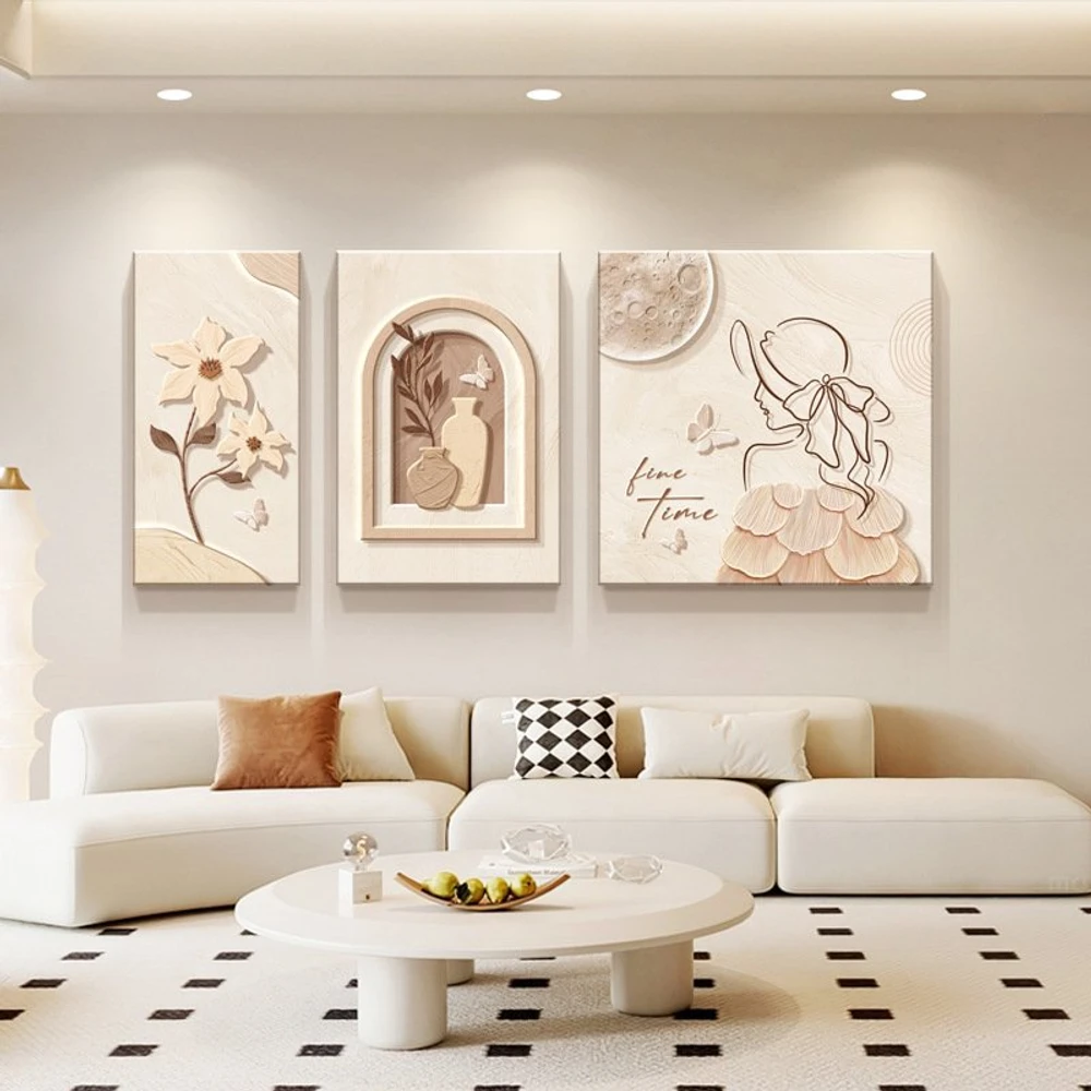 Tranh Canvas Treo Tường Bộ 3 Tấm Cô Gái Và Hoa Nghệ Thuật