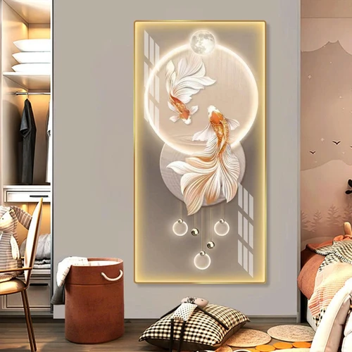 Tranh đèn led pha lê cao cấp cửu song ngư vọng nguyệt