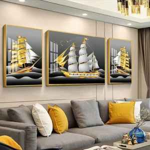 Tranh Treo Tường Phong Thủy Bộ 3 Tấm Nghệ Thuật Thuyền Vàng Thuận Buồm