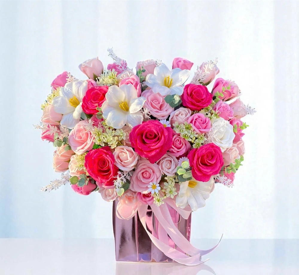 Lẵng hoa sáp thơm để bàn sắc vàng sắc đỏ nồng nàng quà tặng kỷ niệm đẹp