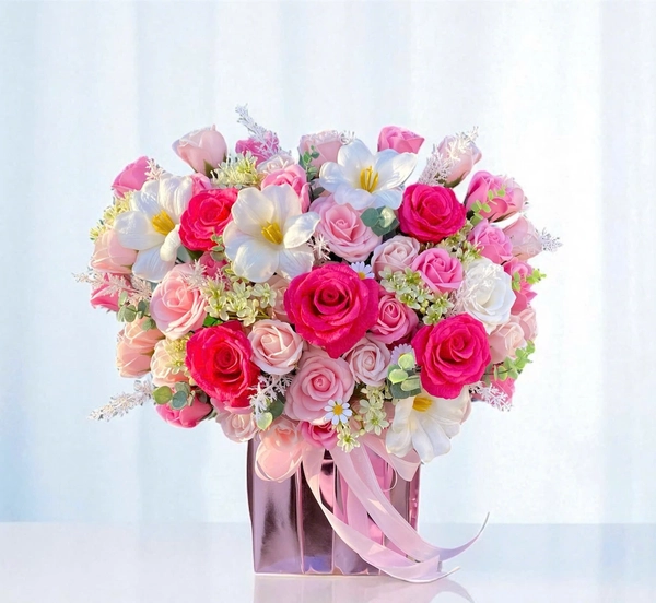 Lẵng hoa sáp thơm để bàn sắc vàng sắc đỏ nồng nàng quà tặng kỷ niệm đẹp