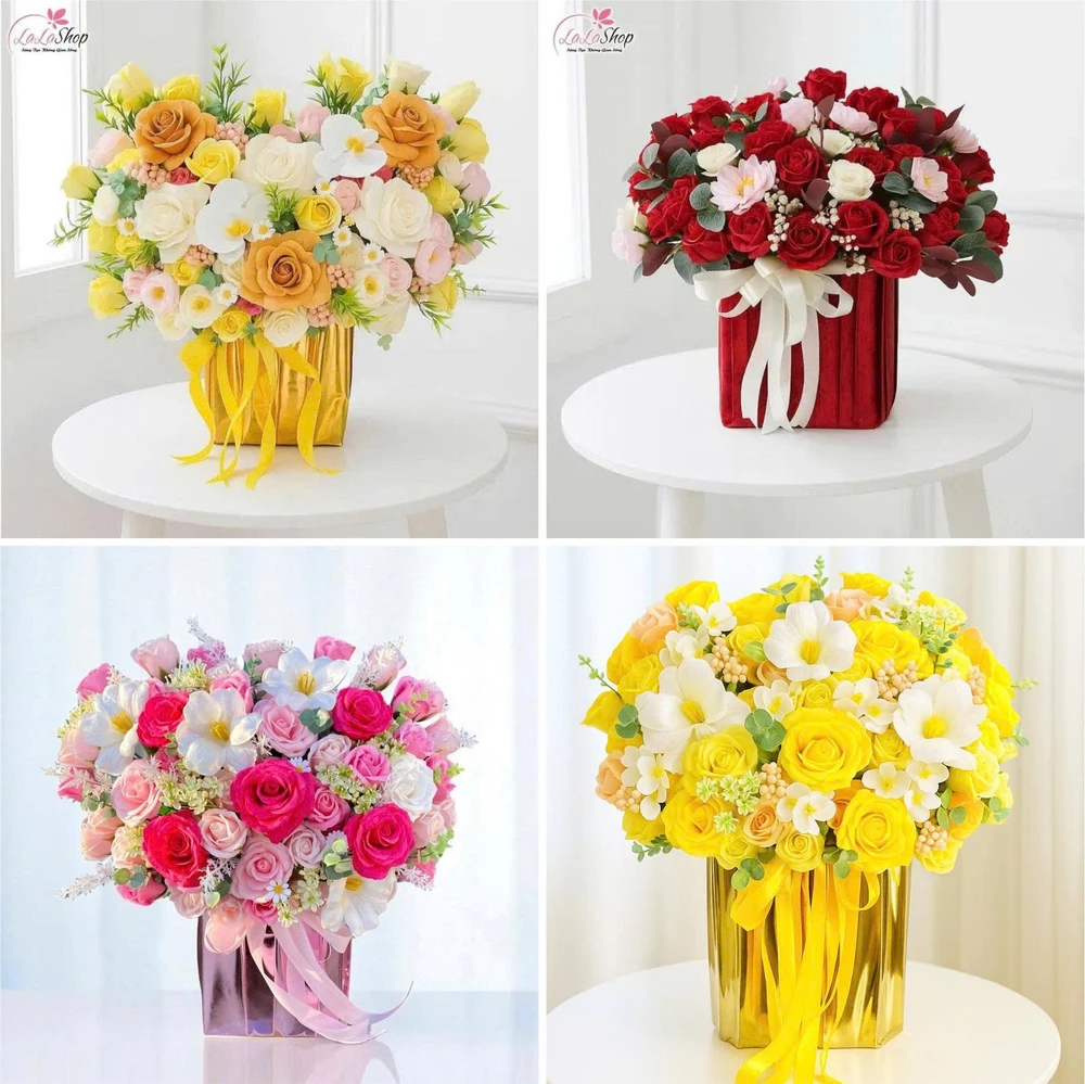 Lẵng hoa sáp thơm để bàn sắc vàng sắc đỏ nồng nàng quà tặng kỷ niệm đẹp