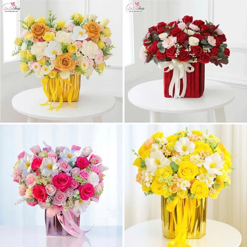 Lẵng hoa sáp thơm để bàn sắc vàng sắc đỏ nồng nàng quà tặng kỷ niệm đẹp