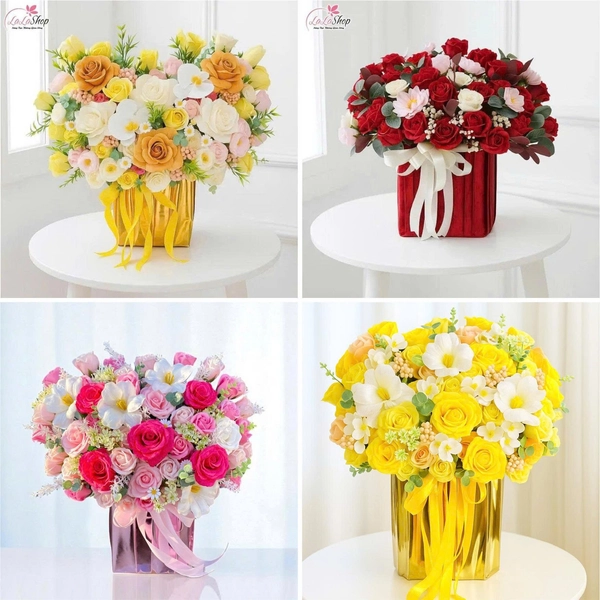 Lẵng hoa sáp thơm để bàn sắc vàng sắc đỏ nồng nàng quà tặng kỷ niệm đẹp