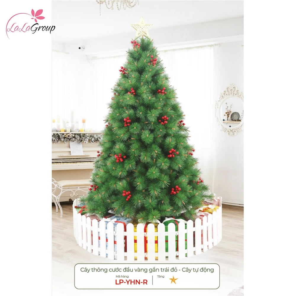 Cây thông noel cước đầu vàng gắn trái đỏ - Cây tự động