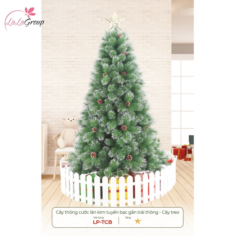 Cây thông noel cước lăn kim tuyến bạc gắn trái thông - Cây treo