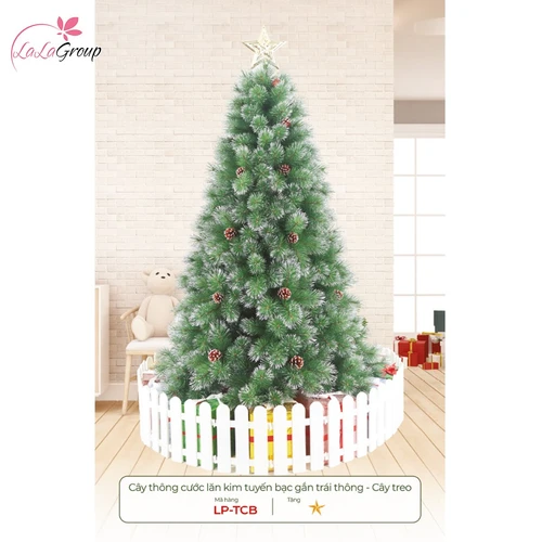 Cây thông noel cước lăn kim tuyến bạc gắn trái thông - Cây treo