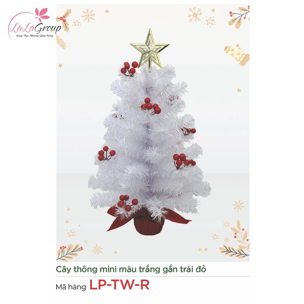 Cây thông mini màu trắng gắn trái đỏ