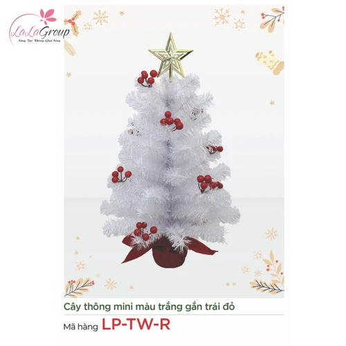 Cây thông mini màu trắng gắn trái đỏ