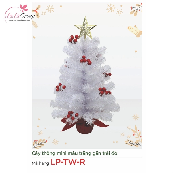 Cây thông mini màu trắng gắn trái đỏ