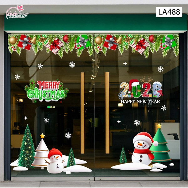 Combo Decal Trang Trí Noel Hai Người Tuyết Và Những Cây Thông Xanh