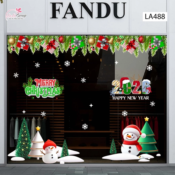 Combo Decal Trang Trí Noel Hai Người Tuyết Và Những Cây Thông Xanh