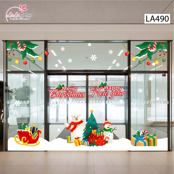 Combo Decal Trang Trí Noel Gấu Trắng Và Người Tuyết Vui Vẻ Bên Cây Thông Xanh