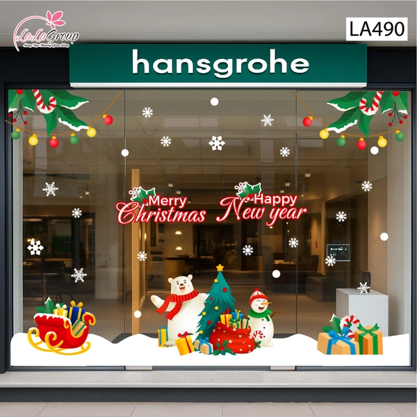 Combo Decal Trang Trí Noel Gấu Trắng Và Người Tuyết Vui Vẻ Bên Cây Thông Xanh