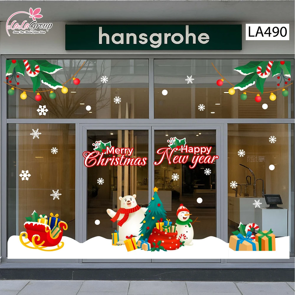 Combo Decal Trang Trí Noel Gấu Trắng Và Người Tuyết Vui Vẻ Bên Cây Thông Xanh