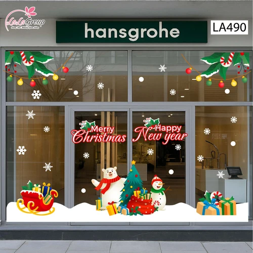 Combo Decal Trang Trí Noel Gấu Trắng Và Người Tuyết Vui Vẻ Bên Cây Thông Xanh