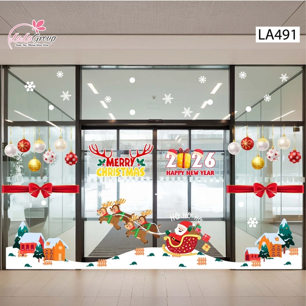 Combo Decal Trang Trí Noel Ông Già Noel Cưỡi Tuần Lộc Phát Quà