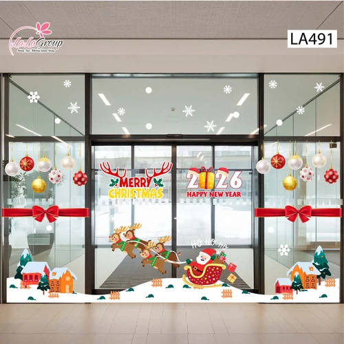 Combo Decal Trang Trí Noel Ông Già Noel Cưỡi Tuần Lộc Phát Quà