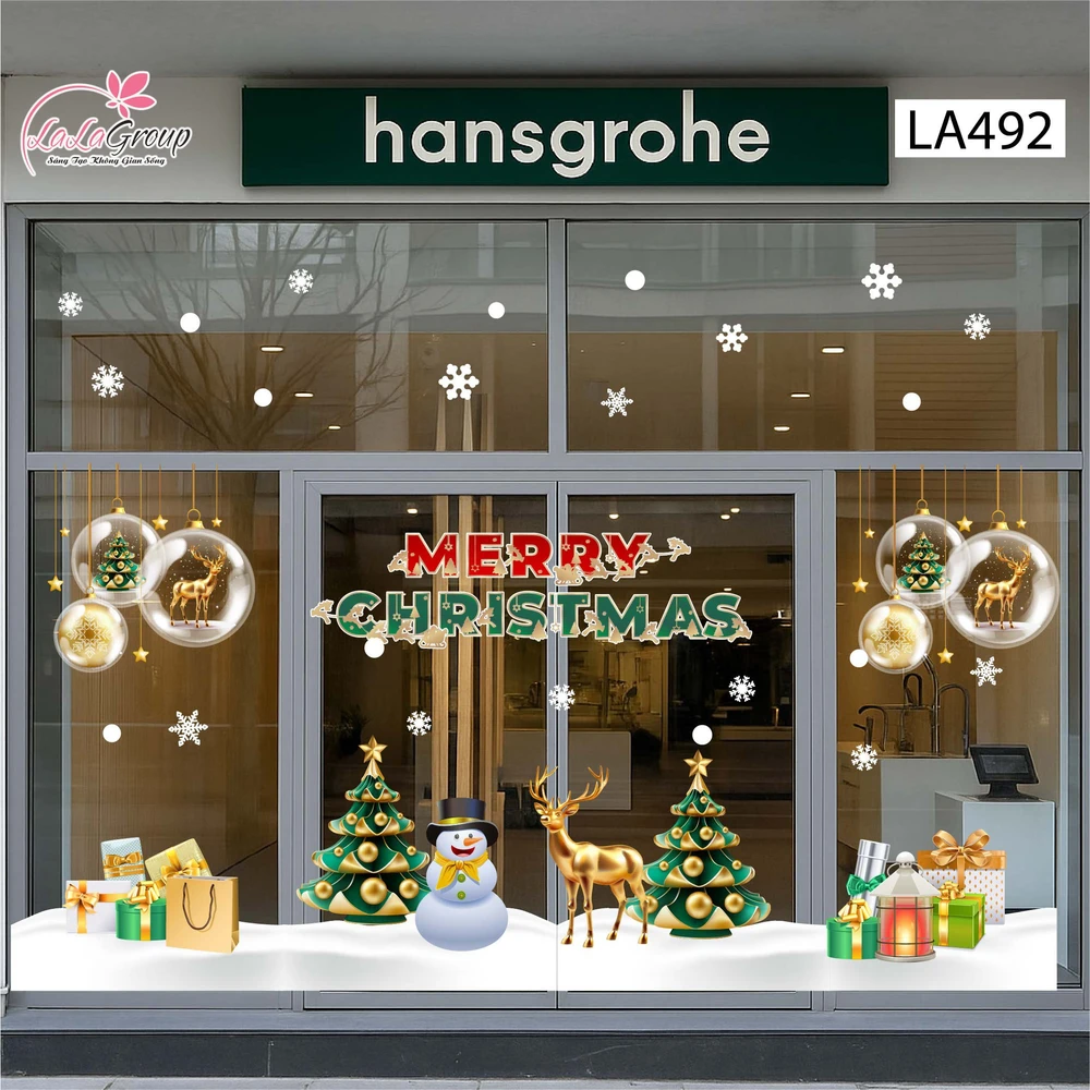 Combo Decal Trang Trí Noel Người Tuyết Và Tuần Lộc Vàng Bên Cây Thông Xanh