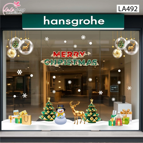 Combo Decal Trang Trí Noel Người Tuyết Và Tuần Lộc Vàng Bên Cây Thông Xanh