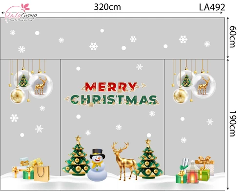 Combo Decal Trang Trí Noel Người Tuyết Và Tuần Lộc Vàng Bên Cây Thông Xanh