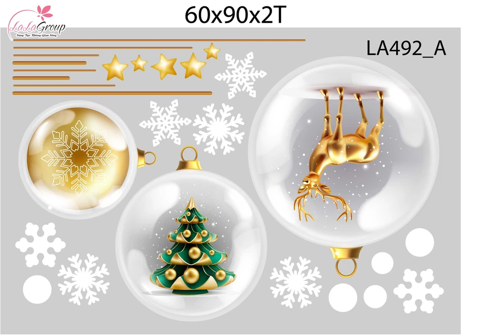 Combo Decal Trang Trí Noel Người Tuyết Và Tuần Lộc Vàng Bên Cây Thông Xanh