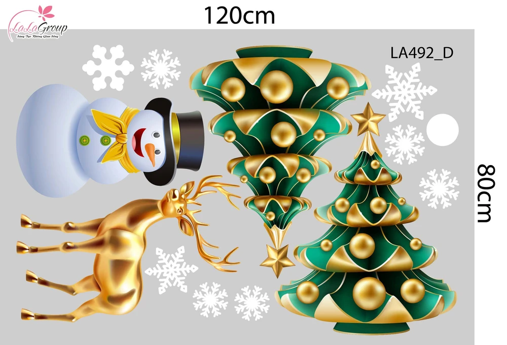 Combo Decal Trang Trí Noel Người Tuyết Và Tuần Lộc Vàng Bên Cây Thông Xanh