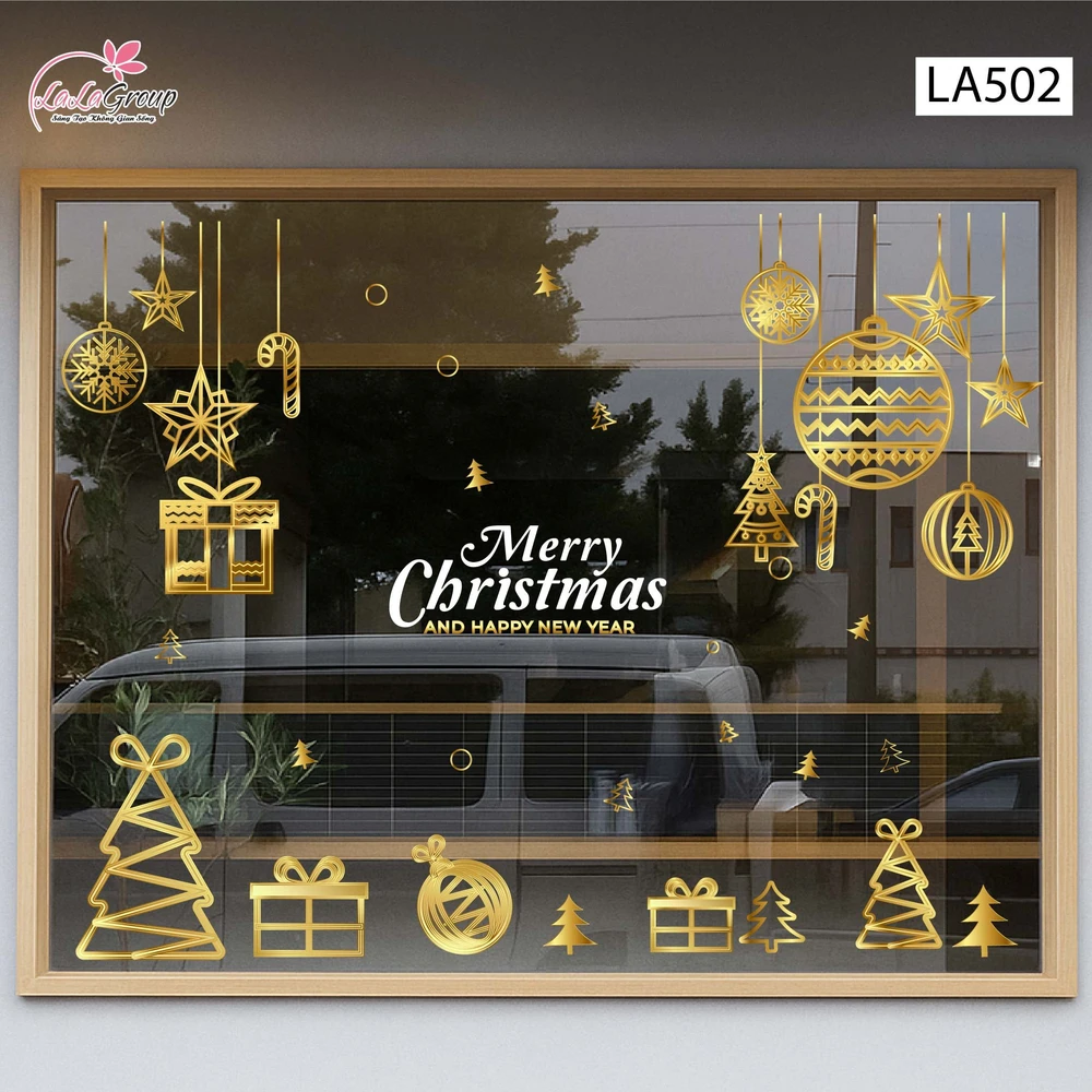 Combo Decal Trang Trí Noel Cây Thông Và Những Quả Châu Vàng Lấp Lánh