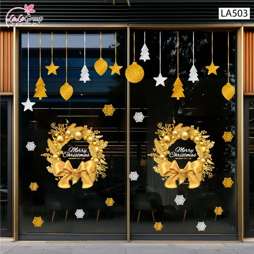 Combo Decal Trang Trí Noel Vòng Nguyệt Quế Và Những Quả Châu Vàng Lung Linh