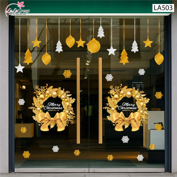 Combo Decal Trang Trí Noel Vòng Nguyệt Quế Và Những Quả Châu Vàng Lung Linh