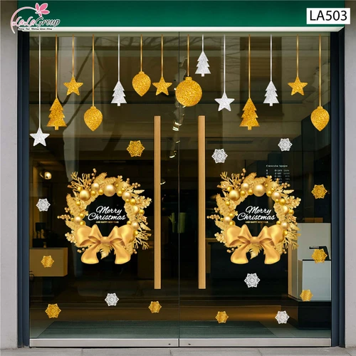 Combo Decal Trang Trí Noel Vòng Nguyệt Quế Và Những Quả Châu Vàng Lung Linh