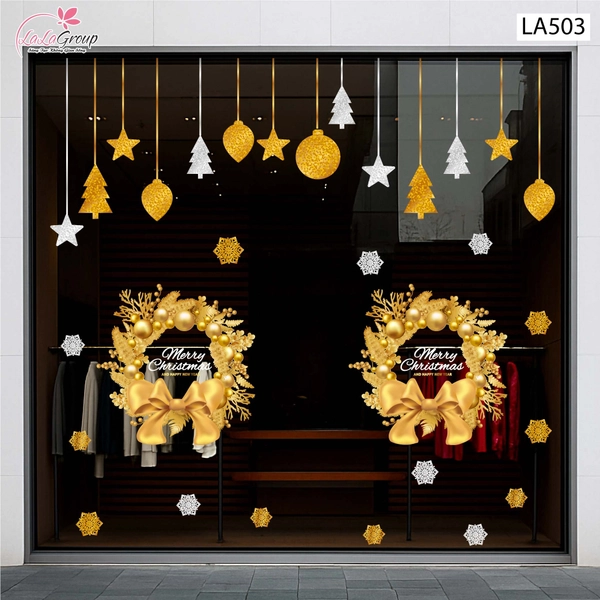 Combo Decal Trang Trí Noel Vòng Nguyệt Quế Và Những Quả Châu Vàng Lung Linh