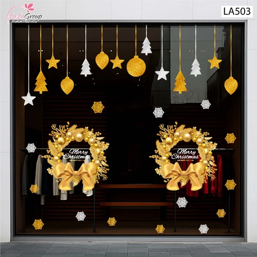 Combo Decal Trang Trí Noel Vòng Nguyệt Quế Và Những Quả Châu Vàng Lung Linh