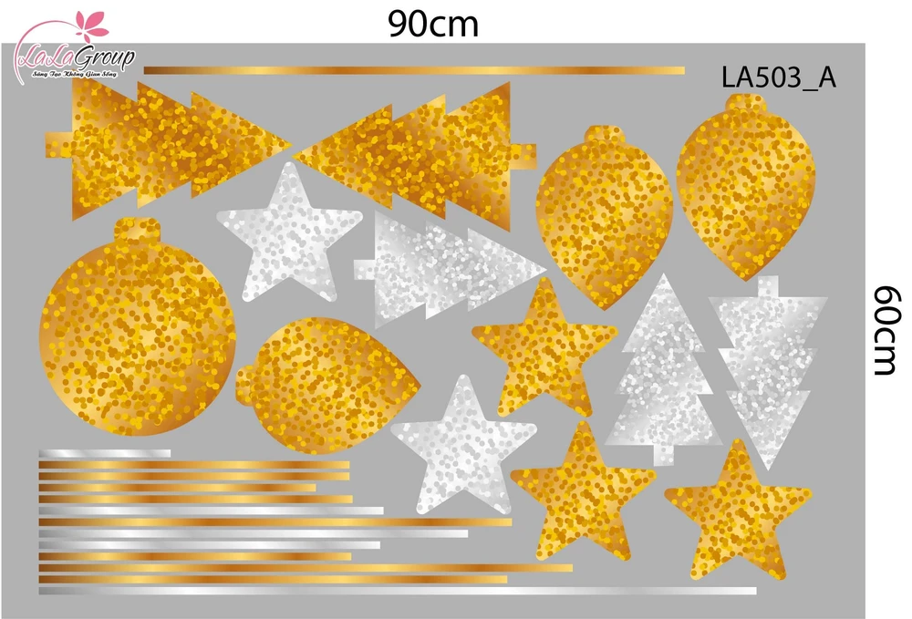 Combo Decal Trang Trí Noel Vòng Nguyệt Quế Và Những Quả Châu Vàng Lung Linh