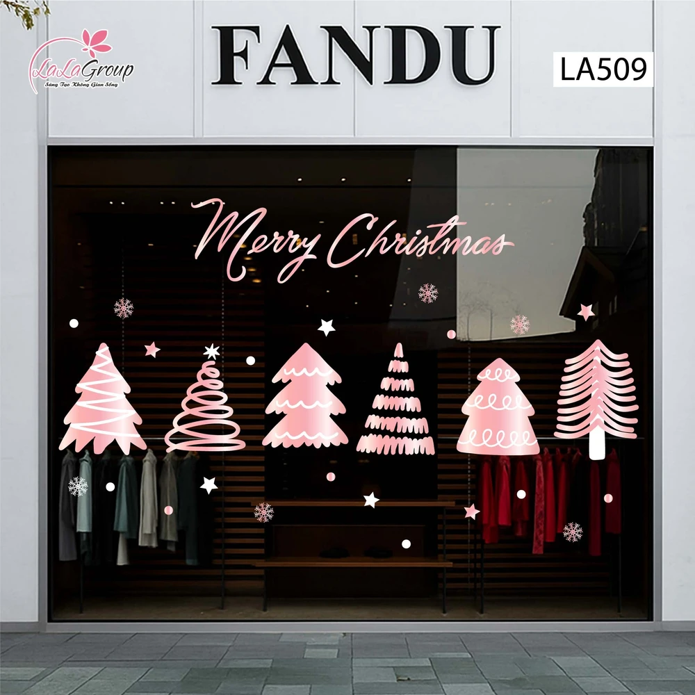 Combo Decal Trang Trí Noel Những Cây Thông Hồng Lung Linh Trong Tuyết