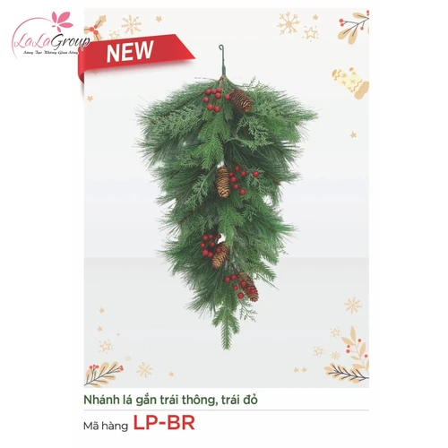 Nhành lá trang trí noel gắn trái thông, trái đỏ