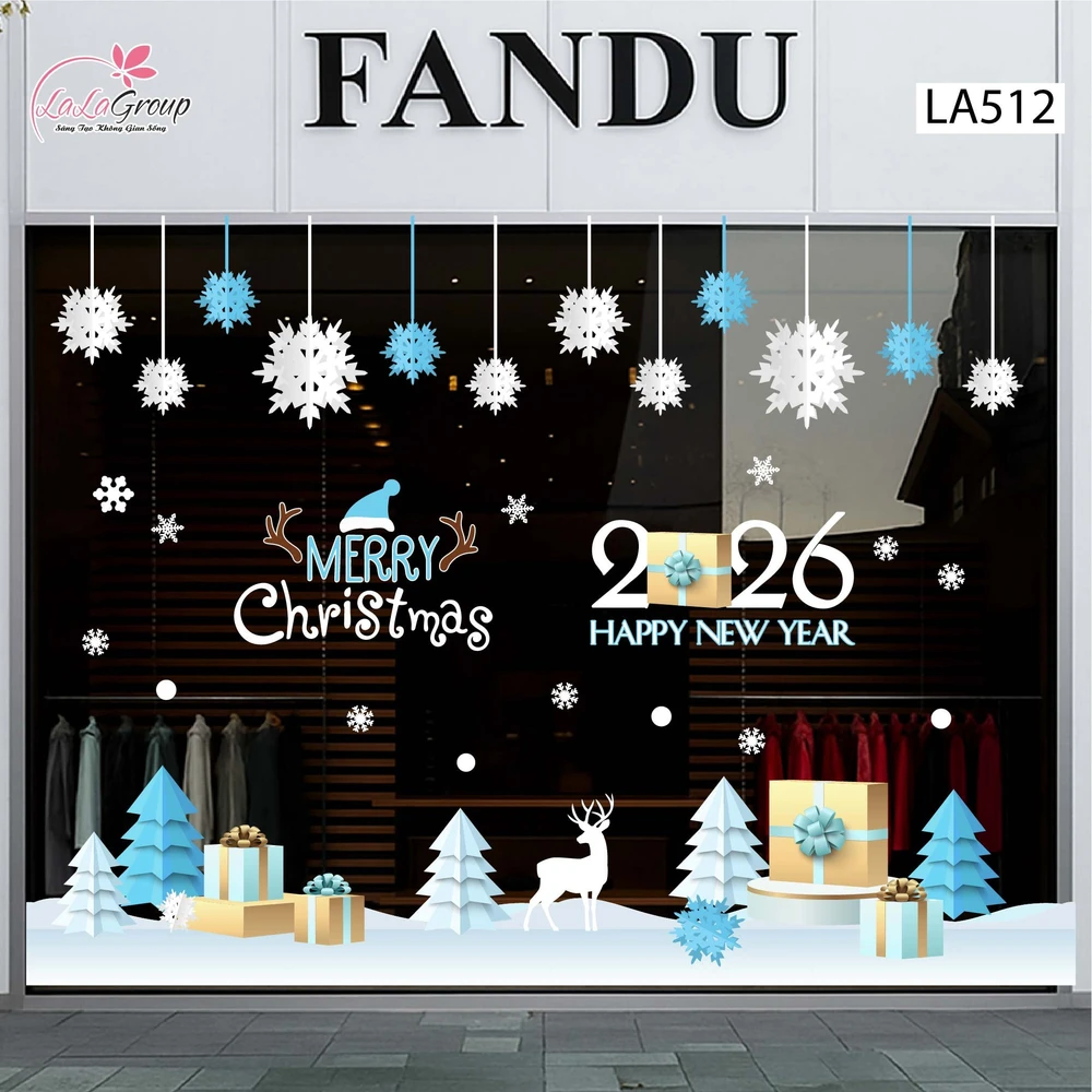 Combo Decal Trang Trí Noel Cây Thông Xanh Và Những Bông Tuyết Trắng