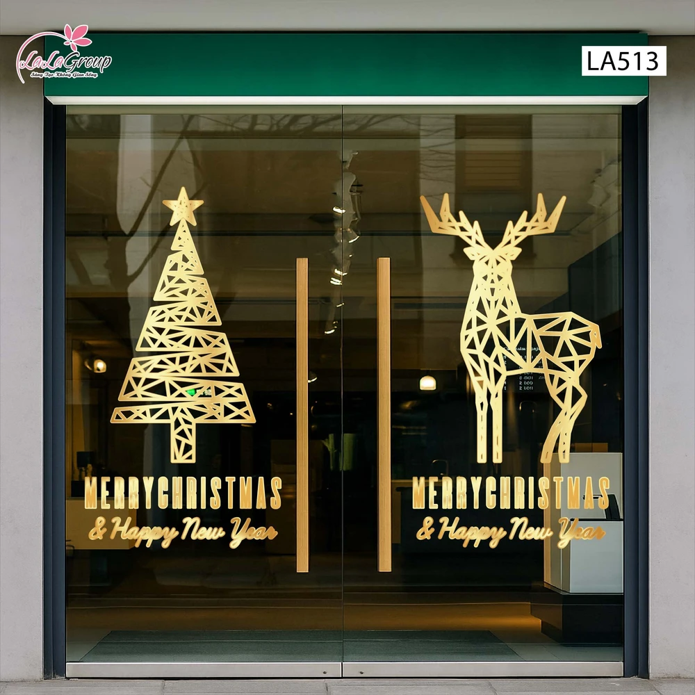 Combo Decal Trang Trí Noel Cây Thông Và Tuần Lộc Vàng Cách Điệu