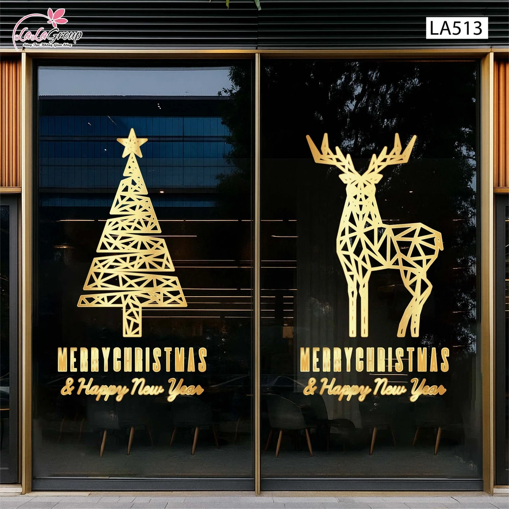 Combo Decal Trang Trí Noel Cây Thông Và Tuần Lộc Vàng Cách Điệu