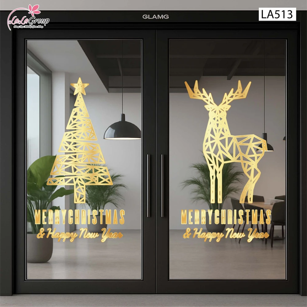 Combo Decal Trang Trí Noel Cây Thông Và Tuần Lộc Vàng Cách Điệu