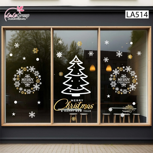 Combo Decal Trang Trí Noel Vòng Nguyệt Quế Và Cây Thông Trắng Xinh Xắn