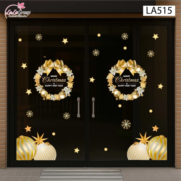 Combo Decal Trang Trí Noel Vòng Nguyệt Quế Và Những Quả Châu Vàng Lấp Lánh